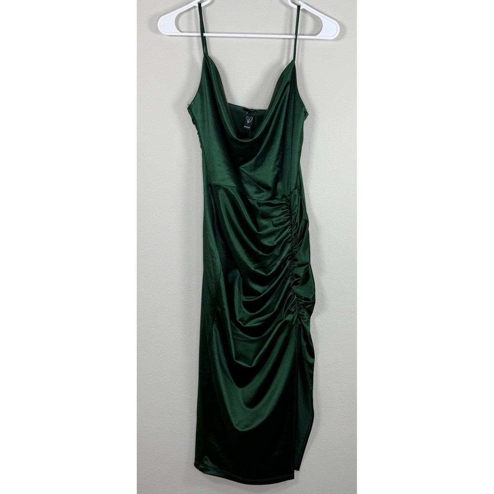 Windsor Ruched Satin Cowl Neck Midi Dress Women Emerald Green Cocktail Slit